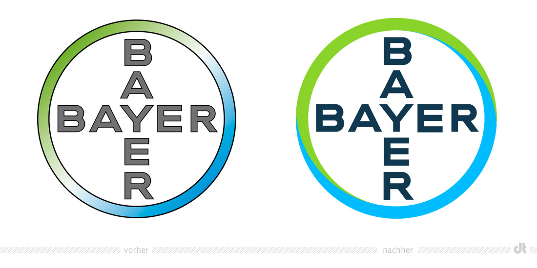 Bayer Logo – vorher und nachher, Bildquelle: Bayer, Bildmontage: dt