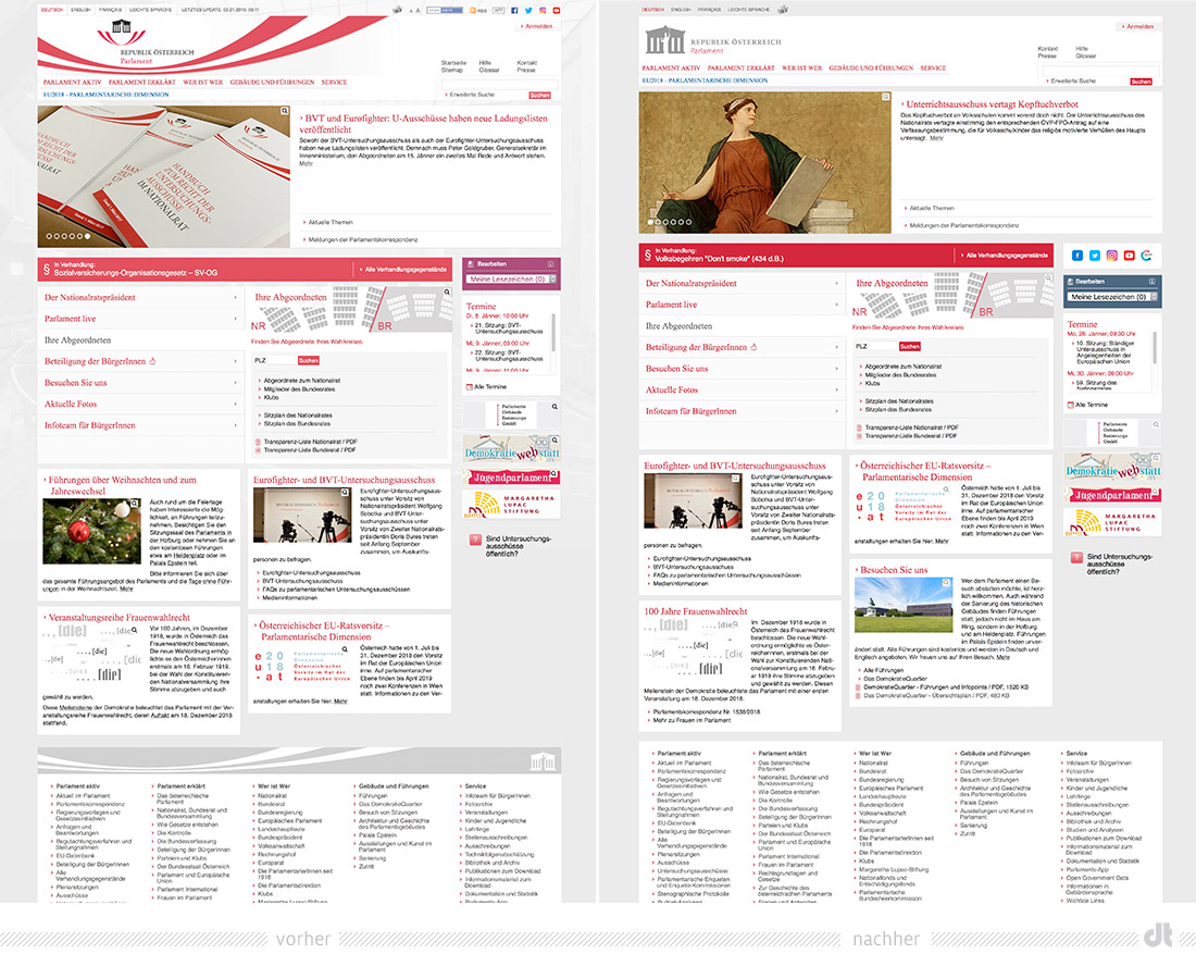 Parlament Republik Österreich Website – vorher und nachher