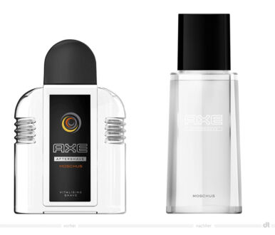 Axe Aftershave Moschus – vorher und nachher, Foto: Unilever, Fotomontage: dt