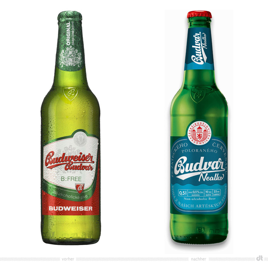 Budweiser Budvar Alkoholfrei 0,5l Flasche – vorher und nachher. Bei der Abbildung rechts handelt es sich um ein 3D-Rendring. Bildquelle: Budweiser Budvar, Bildmontage: dt