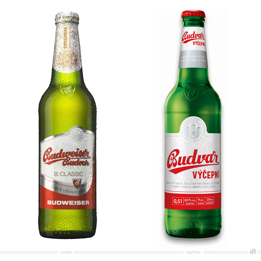 Budweiser Budvar Classic 0,5l Flasche – vorher und nachher. Bei der Abbildung rechts handelt es sich um ein 3D-Rendring. Bildquelle: Budweiser Budvar, Bildmontage: dt