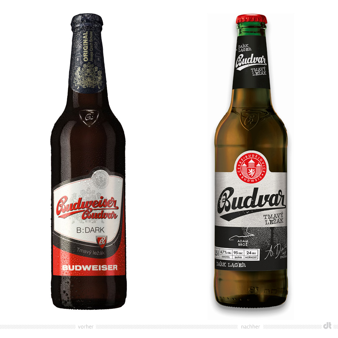 Budvar Dark Lager 0,5l Flasche – vorher und nachher. Bei der Abbildung rechts handelt es sich um ein 3D-Rendring. Bildquelle: Budweiser Budvar, Bildmontage: dt