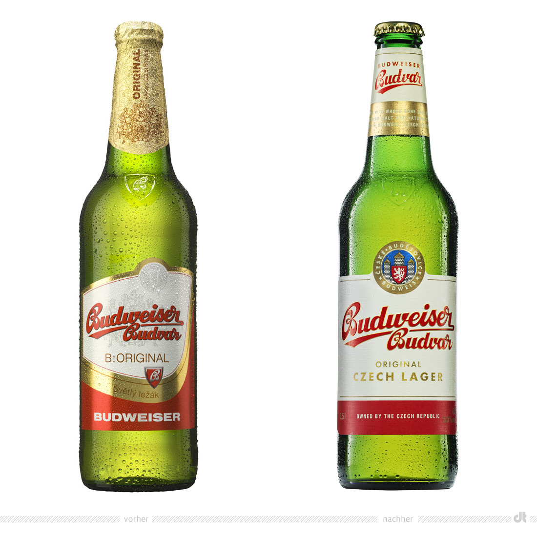 Budweiser Budvar Original 0,5l Flasche – vorher und nachher, Bildquelle: Budweiser Budvar, Bildmontage: dt