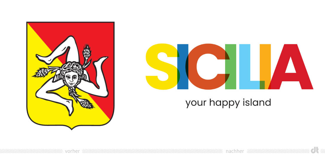 Sicilia Logo – vorher und nachher, Bildquelle: Assessorato Turismo Regione Siciliana, Bildmontage: dt