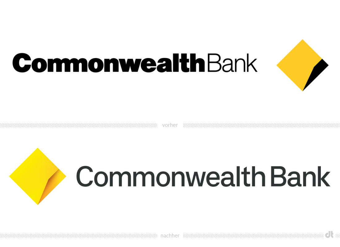 Commonwealth Bank Logo – vorher und nachher, Bildquelle: Commonwealth Bank, Bildmontage: dt