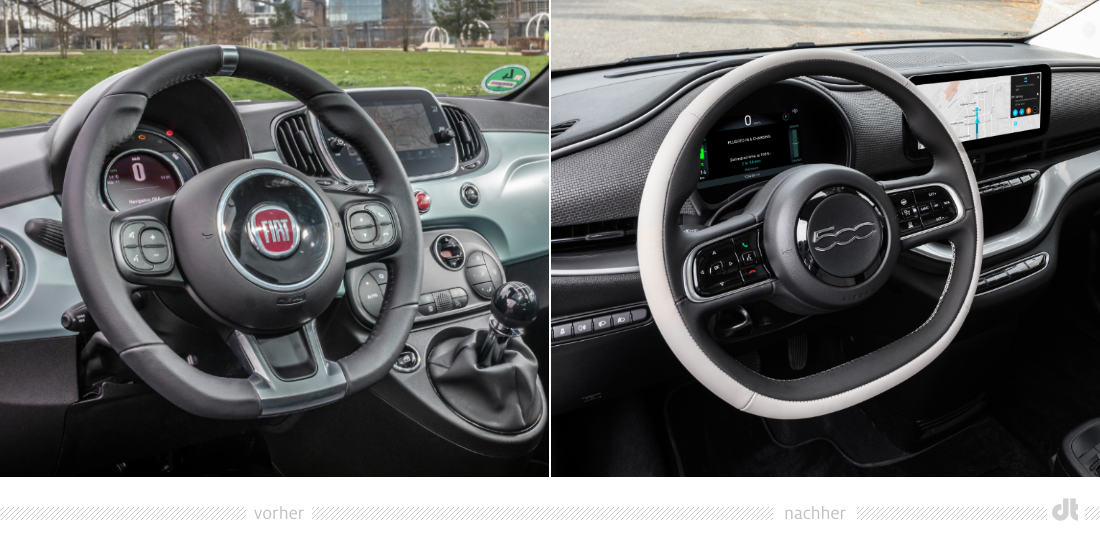 Fiat 500 Cockpit – vorher und nachher, Bildquelle: Fiat, Bildmontage: dt