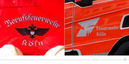 Feuerwehr Köln Logo am Fahrzeug – vorher und nachher, Bildquelle: Stadt Köln, Bildmontage: dt