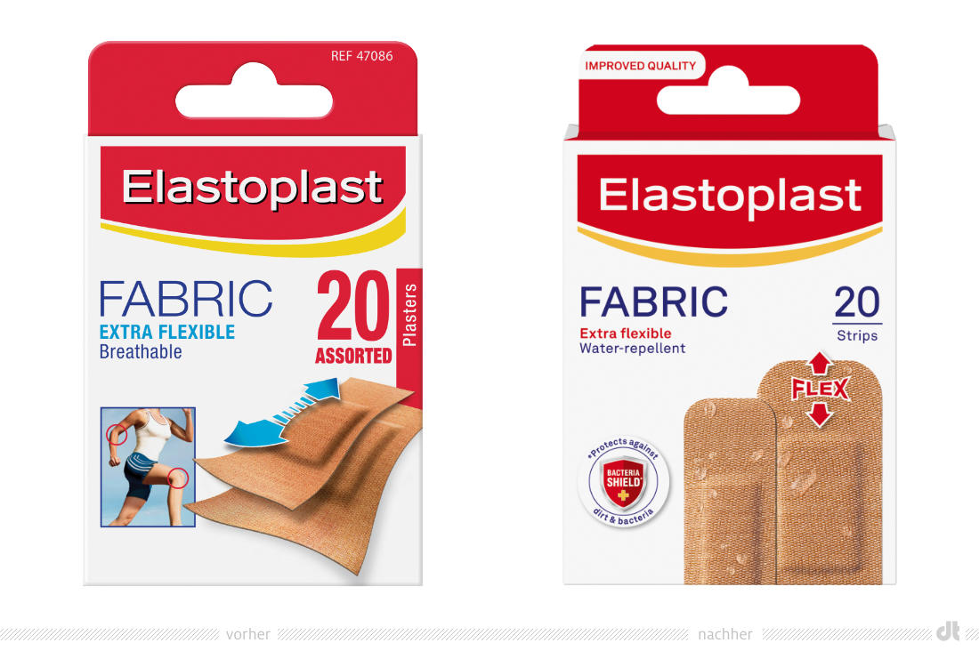 Elastoplast Fabric – vorher und nachher, Bildquelle: Beiersdorf, Bildmontage: dt