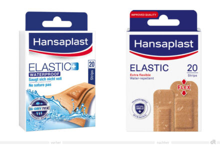 Hansaplast Elastic – vorher und nachher, Bildquelle: Beiersdorf, Bildmontage: dt