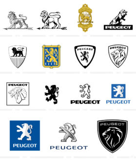 Peugeot Logo Evolution, Bildquellen: Peugeot, Wikipedia, Bildmontage: dt