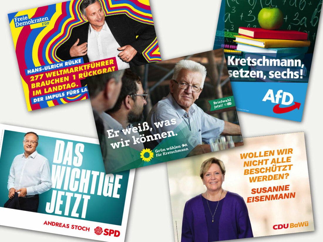 Wahlplakate Landtagswahl Baden-Württemberg 2021, Bildquellen: Bündnis90/Die Grünen, CDU, AfD, SPD, FDP, Bildcollage: dt