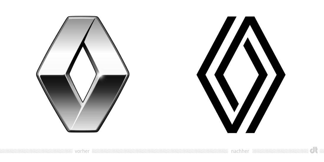 Renault Logo – vorher und nachher, Bildquelle: Renault, Bildmontage: dt