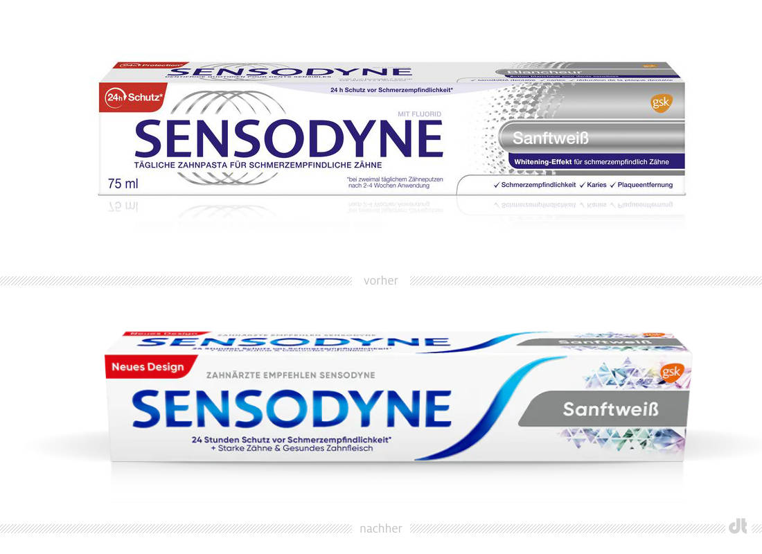 Sensodyne Verpackung Sanftweiß – vorher und nachher, Bildquelle: GlaxoSmithKline, Bildmontage: dt