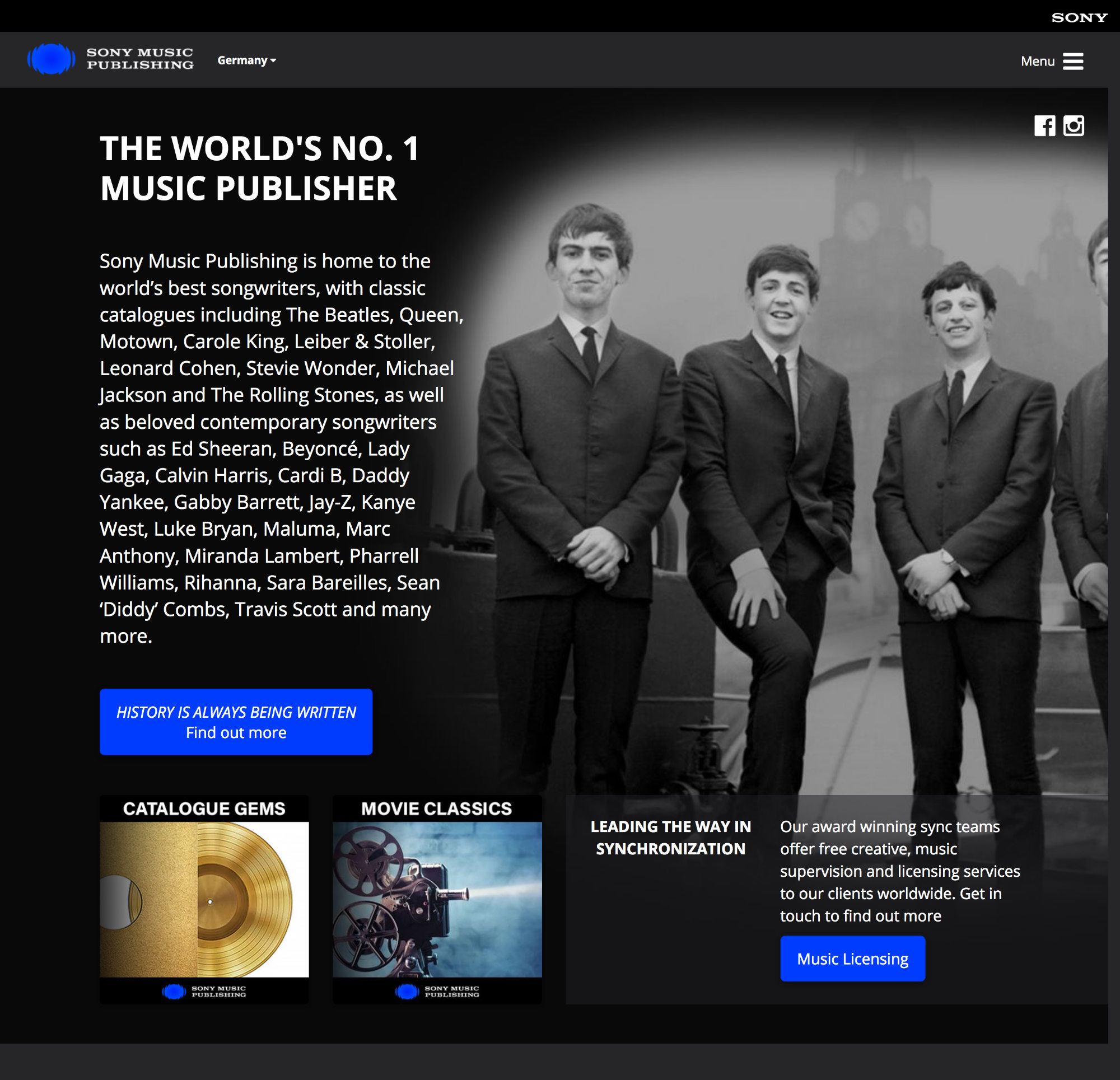 Sony Music Publising Website, Quelle: Sony Music Publishing