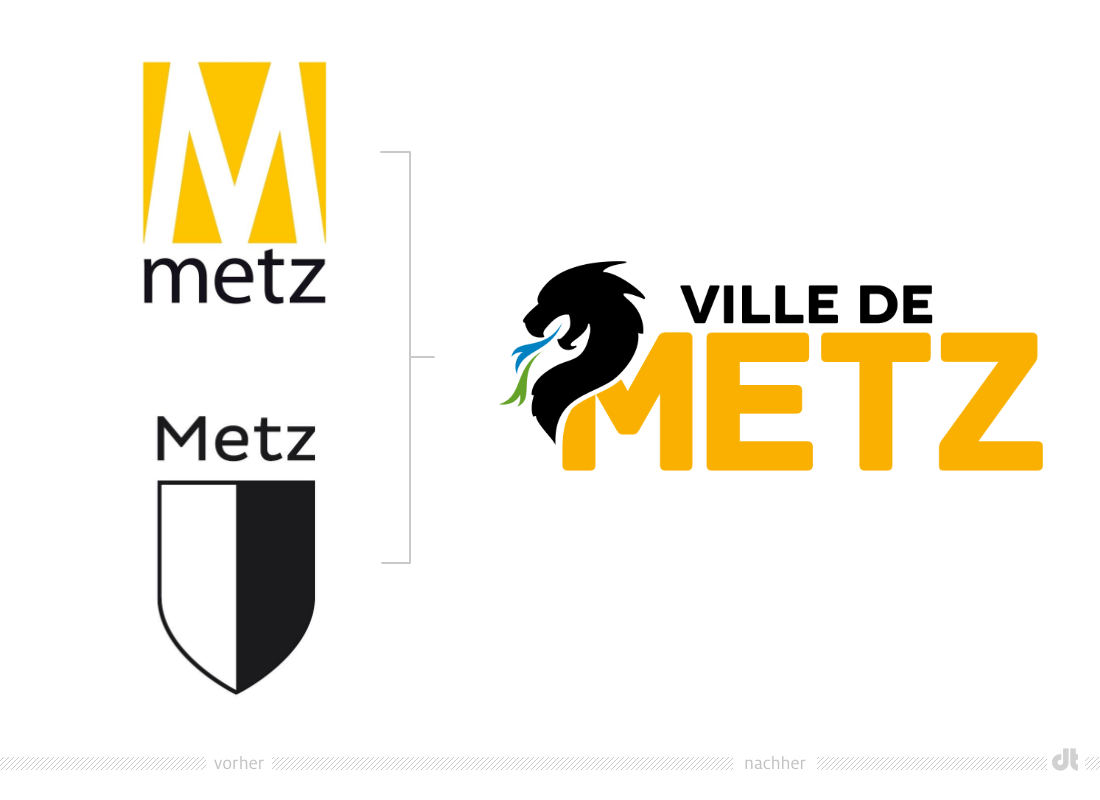 Metz Logo – vorher und nachher, Bildquelle: Stadtverwaltung Metz, Bildmontage: dt