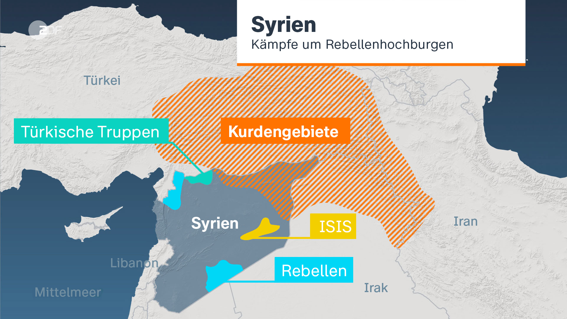 ZDF-Nachrichten 3D-Grafik zu den Konfliktlinien im Bürgerkrieg in Syrien