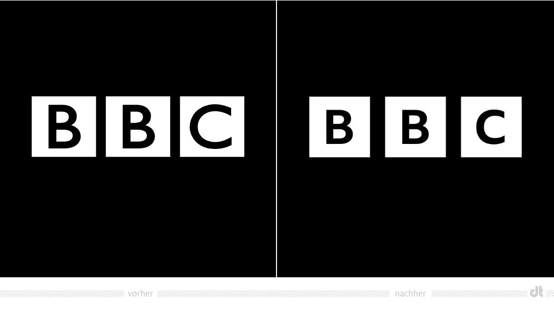 BBC Logo – vorher und nachher, Bildquelle: BBC, Bildmontage: dt