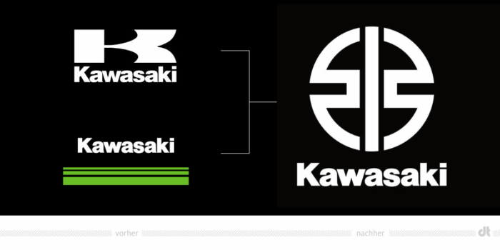 Kawasaki Logo – vorher und nachher, Bildquelle: Kawasaki Europe, Bildmontage: dt