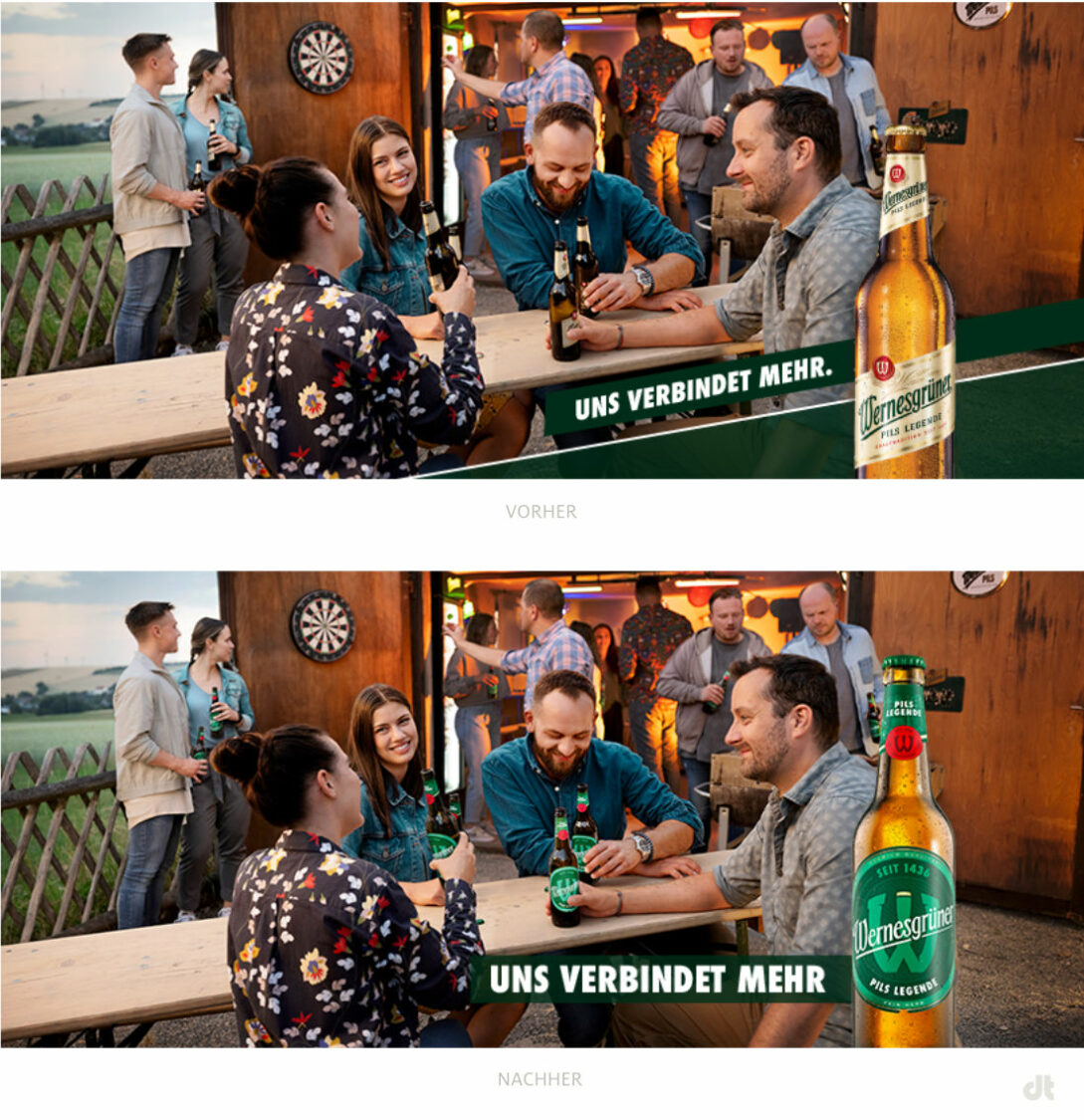 Wernesgrüner Kampagnenmotiv – vorher und nachher, Bildquelle: Carlsberg, Bildmontage: dt