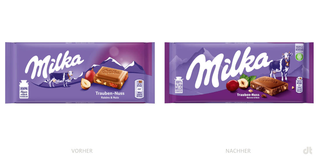 Milka Tafelschokolade Trauben-Nuss 100 g – vorher und nachher