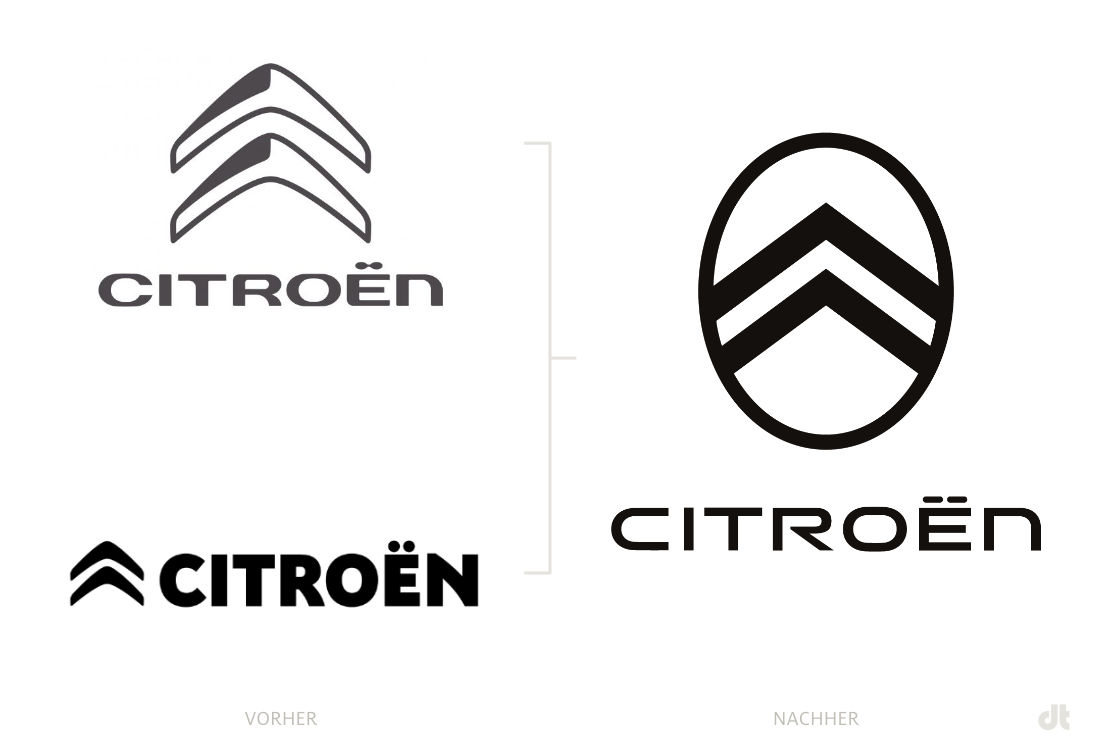 Citroën Logo – vorher und nachher, Bildquelle: Citroen/Stellantis, Bildmontage: dt