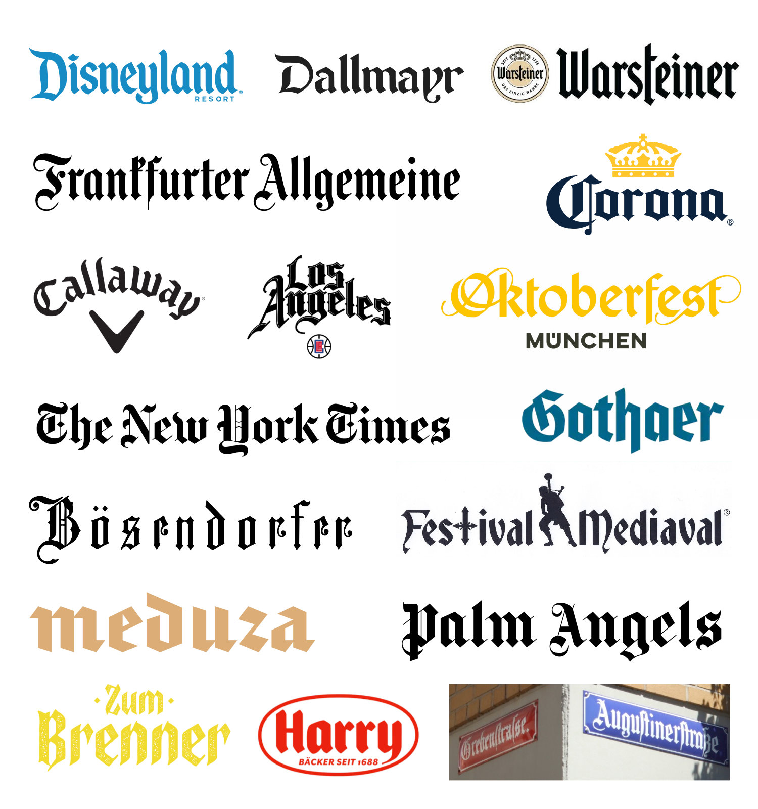 Markenzeichen und Logos mit gebrochenen Schriften