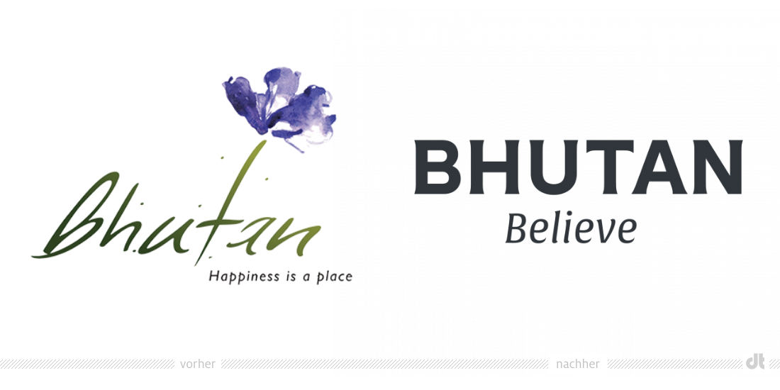Bhutan Logo – vorher und nachher, Bildquelle: Tourism Council of Bhutan, Bildmontage: dt