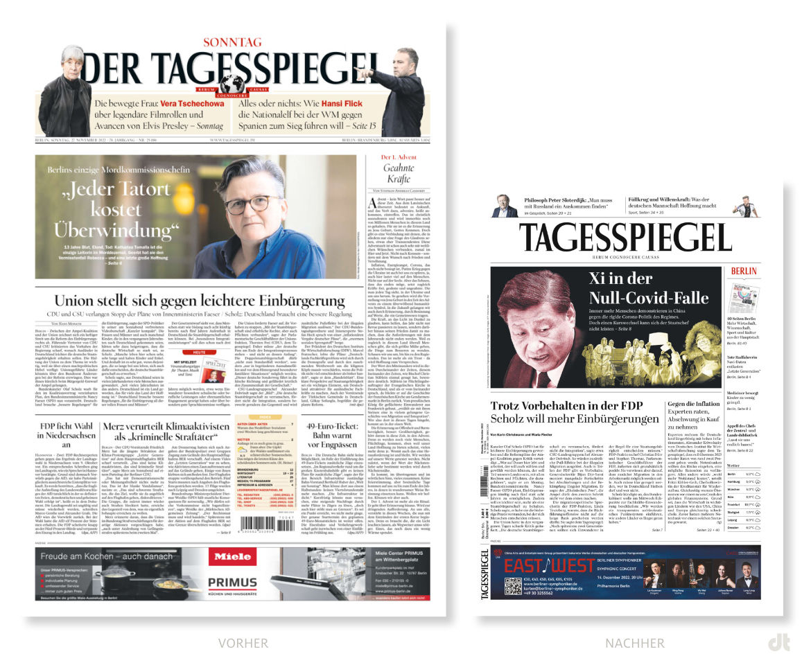 Tagesspiegel Zeitungsausgabe – vorher und nachher, Bildquelle: Tagesspiegel, Bildmontage: dt