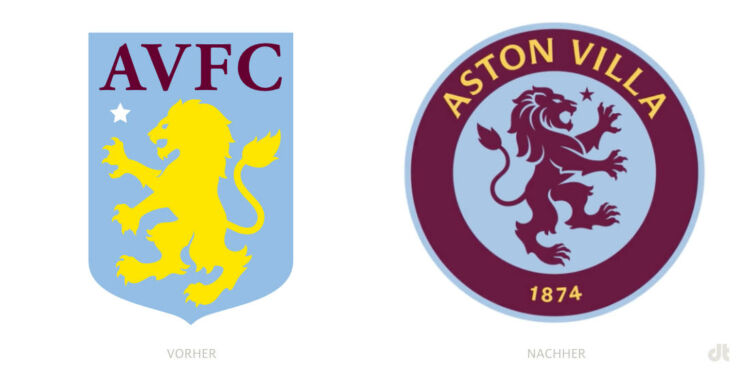 Aston Villa Logo – vorher und nachher, Bildquelle: Aston Villa, Bildmontage: dt