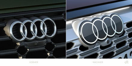Audi-Ringe am Fahrzeug (Front) – vorher und nachher, Bildquelle: Audi, Bildmontage: dt