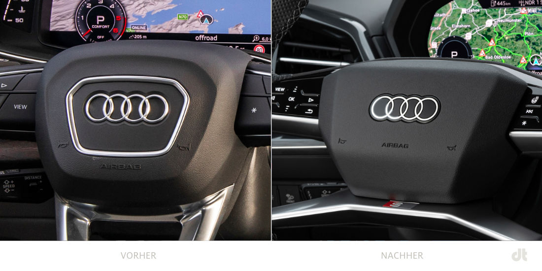 Audi-Ringe am Fahrzeug (Lenker) – vorher und nachher, Quelle: Audi, Bildmontage: dt