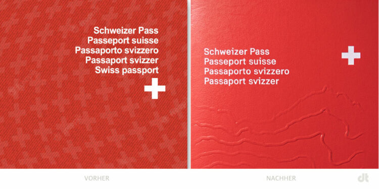 Schweizer Pass - Design / Typo Vorderseite– vorher und nachher, Bildquelle: Schweizer Bundesamt für Polizei (Fedpol), Bildmontage: dt
