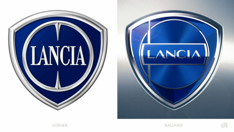 Lancia Logo – vorher und nachher, Bildquelle: Lancia/Stellantis, Bildmontage: dt