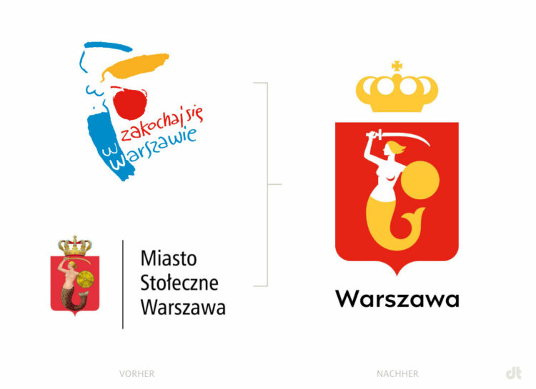 Warschau Logo – vorher und nachher, Bildquelle: Stadtverwaltung Warschau, Bildmontage: dt