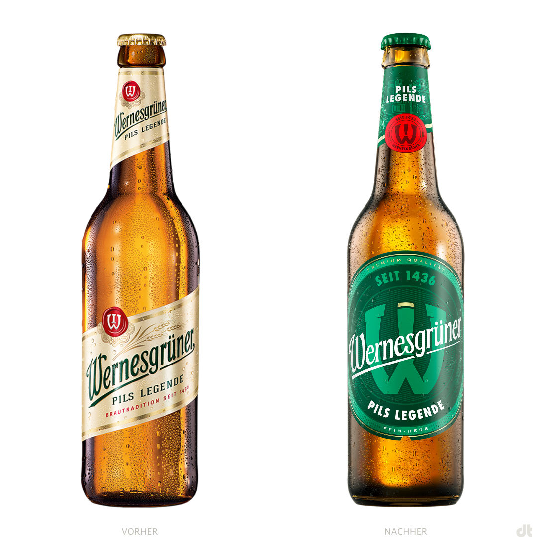 Wernesgrüner Pils Flasche – vorher und nachher, Bildquelle: Carlsberg, Bildmontage: dt