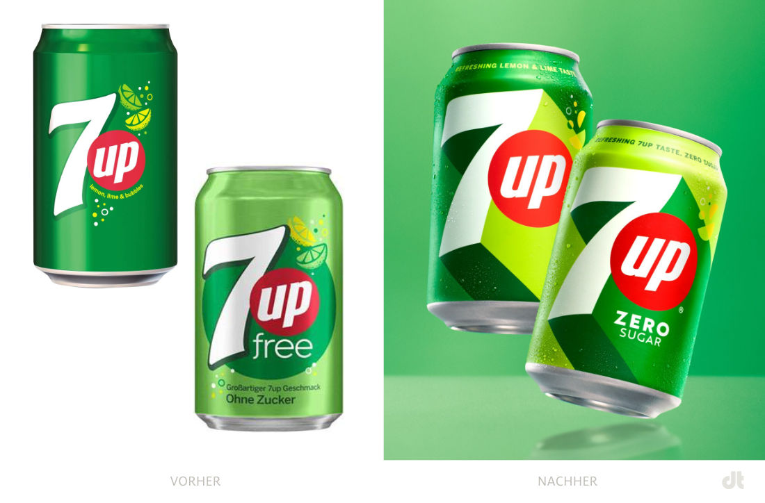 7UP Redesign – vorher und nachher, Bildquelle: PepsiCo, Bildmontage: dt