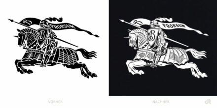 Burberry Bildmarke „Equestrian Knight“ – vorher und nachher, Bildquelle: Burberry, Bildmontage: dt