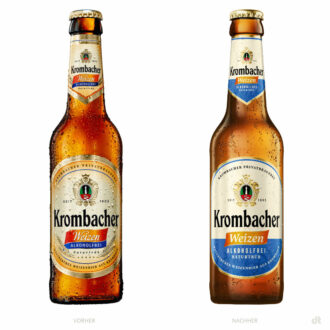 Krombacher Weizen alkoholfrei Longneck 0,33l – vorher und nachher, Bildquelle: Krombacher, Bildmontage: dt