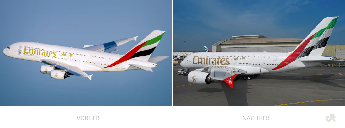 Emirates Livery (2023) – vorher und nachher, Bildquelle: Emirates, Bildmontage: dt
