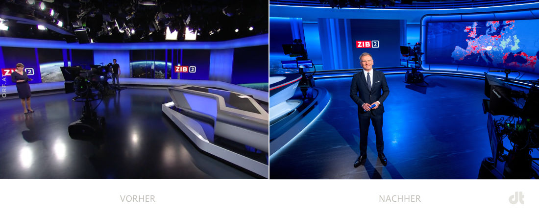 ZIB ORF Studio – vorher und nachher, Bildquelle: ORF, Bildmontage: dt