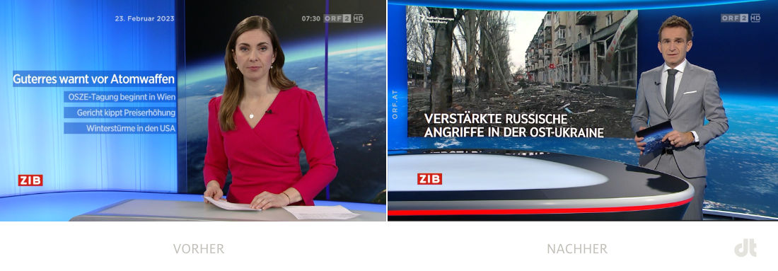 ZIB 7:30 Uhr ORF Studio – vorher und nachher, Bildquelle: ORF, Bildmontage: dt