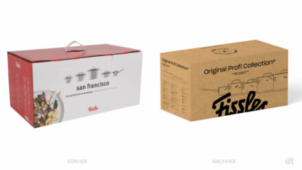 Fissler Kochgeschirr Verpackung – vorher und nachher, Bildquelle: Fissler, Galeria, Strichpunkt, Bildmontage: dt