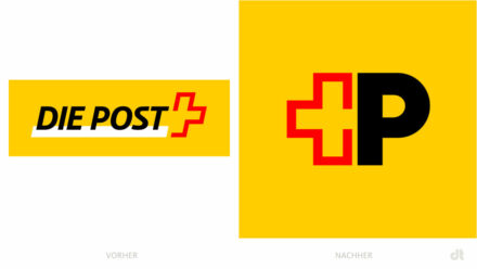 Schweizerische Post Logo – vorher und nachher, Bildquelle: Schweizerische Post, Bildmontage: dt