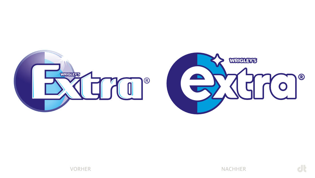 Wrigley's Extra Professional Logo – vorher und nachher, Bildquelle: Mars, Bildmontage: dt