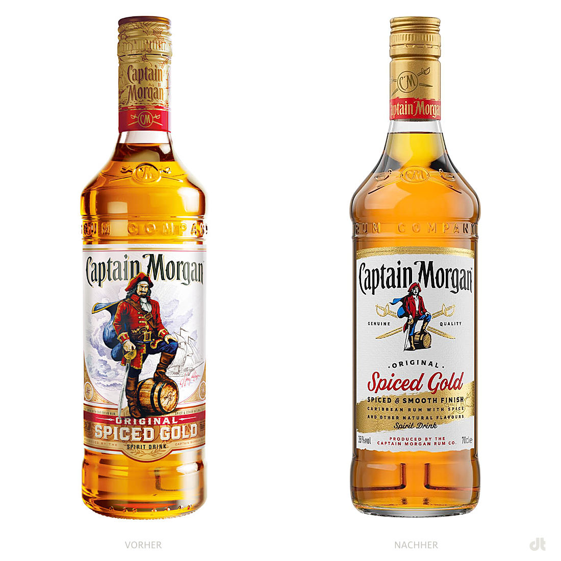 Captain Morgan Spiced Gold – vorher und nachher, Bildquelle: Diageo, REWE Bildmontage: dt