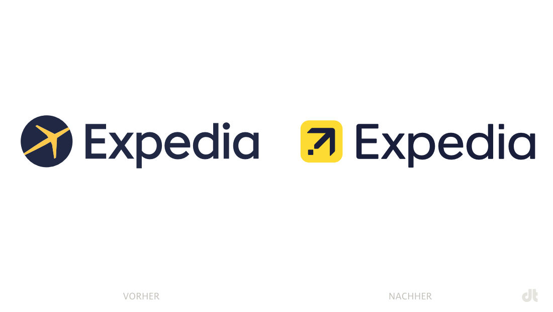 Expedia Logo – vorher und nachher, Bildquelle: Expedia Group, Bildmontage: dt