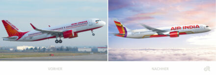 Air India Livery – vorher und nachher, Bildquelle: Airbus, Foto: P. Pigeyre/Master Films sowie Air India, Bildmontage: dt