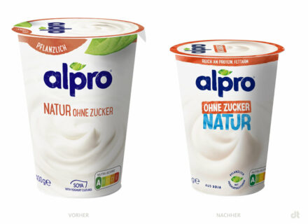 Alpro Joghurtalternative Natur ohne Zucker – vorher und nachher, Bildquelle: Alpro, Rewe, Bildmontage: dt