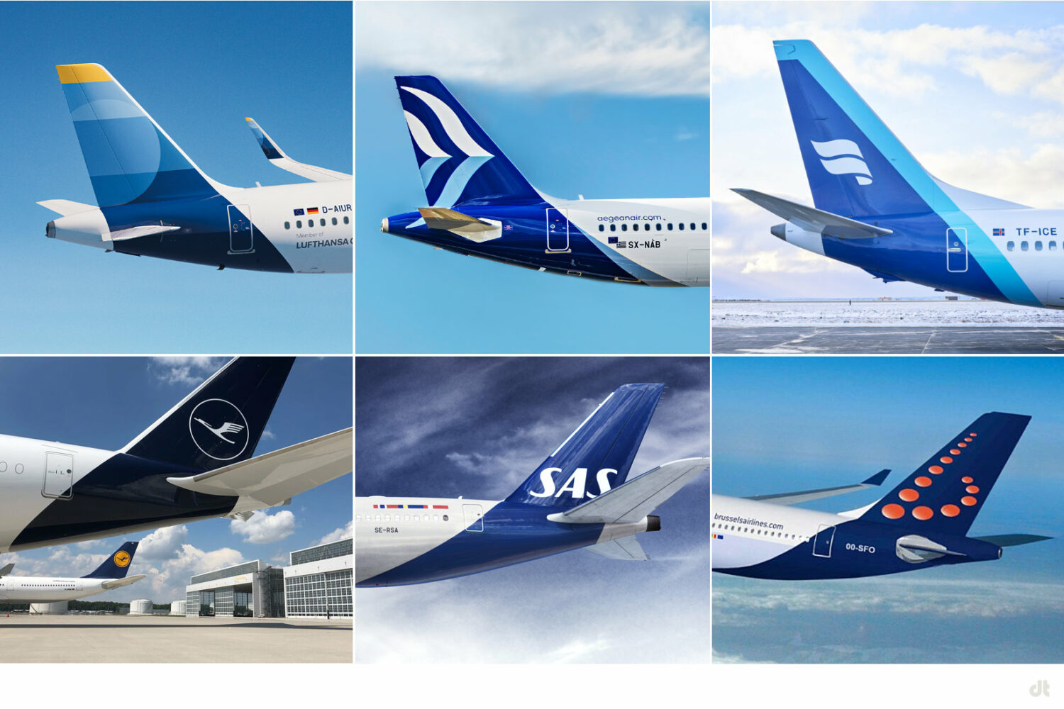 Airlines mit dunkelblauer Gestaltung, die Seitenleitwerk und Rumpf einschließt, Bildquelle: Discover Airlines, Aegean, Lufthansa, SAS, Brussels Airline, Icelandair, Bildmontage: dt