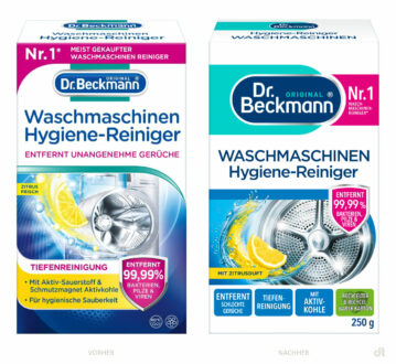Dr. Beckmann Waschmaschinen-Hygiene-Reiniger – vorher und nachher, Bildquelle: delta pronatura GmbH, Bildmontage: dt